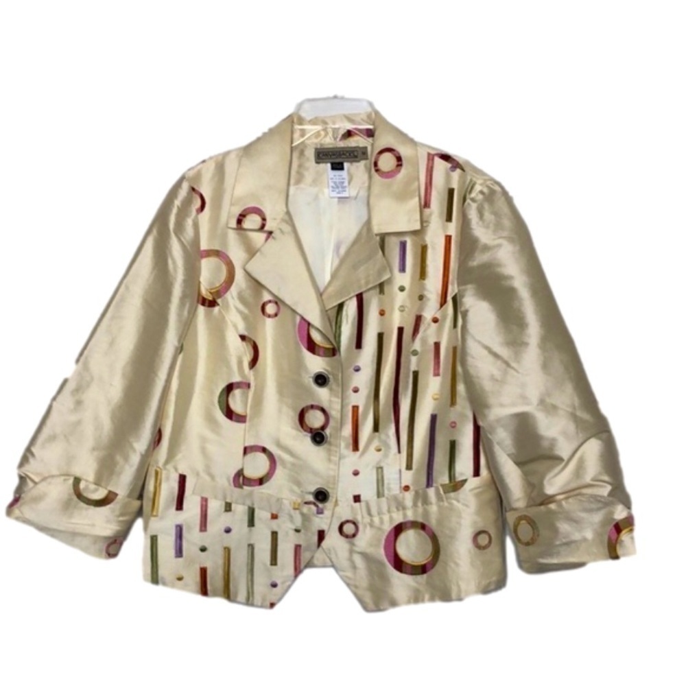 CANVASBACKS - 100% Silk Ivory Art Deco Embroidered Button Front Blazer - Size 12